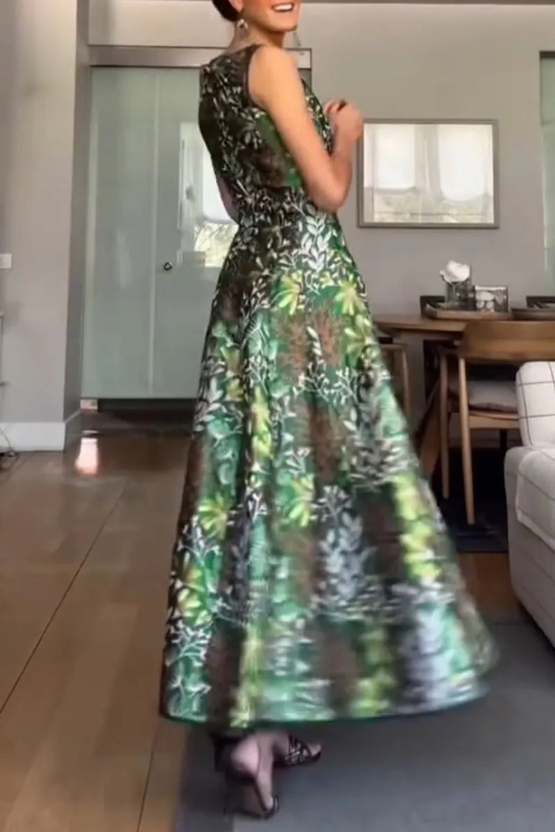 Women's Elegant Satin Botanical Print A Line Hem Dress