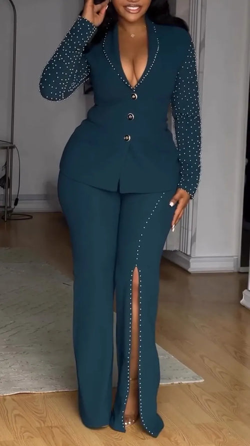Women Deep V-neck Nail Pearl Jacket+ Pants Temperament Commuting Suit