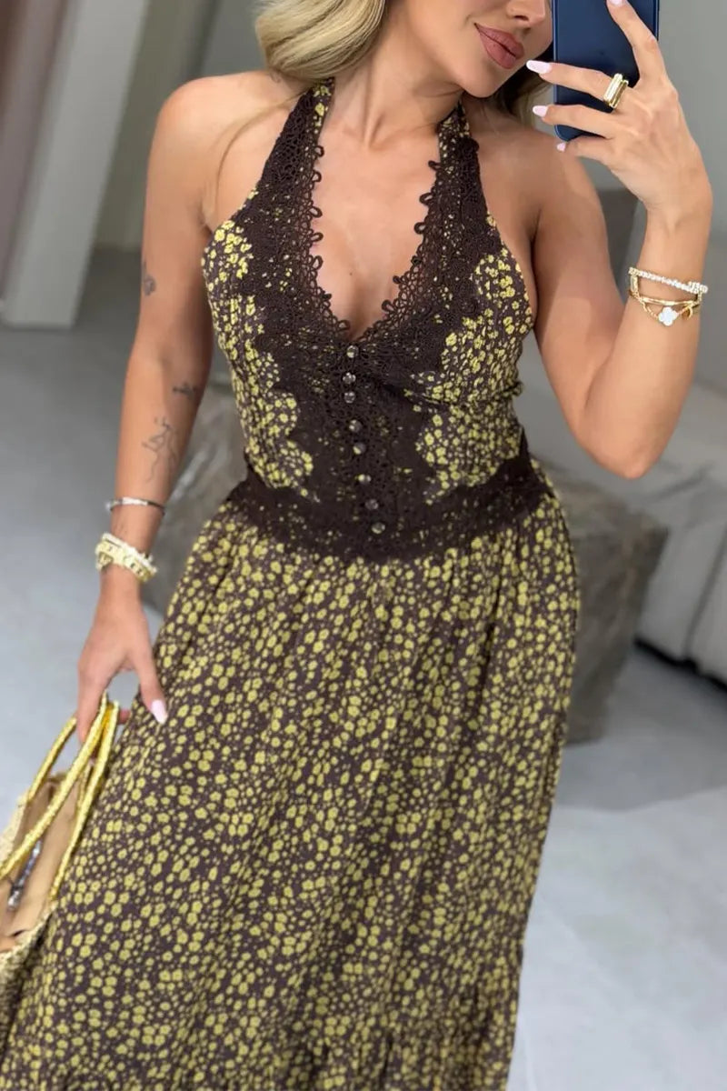 Women V-neck Patchwork Lace Pattern Waist Cinching Elegant Casual Dress