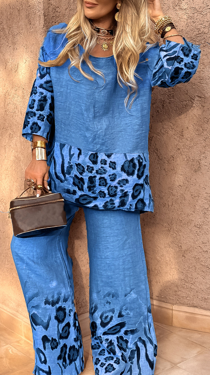 Women's Round Neck Leopard Print Cotton and Linen Casual Suit