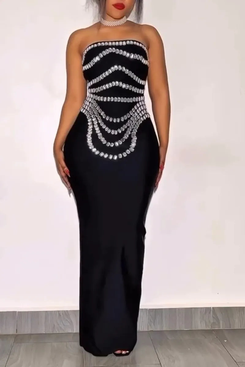 Women Strapless Diamond Studded Slimming and Elegant Temperament Evening Party Style Dress