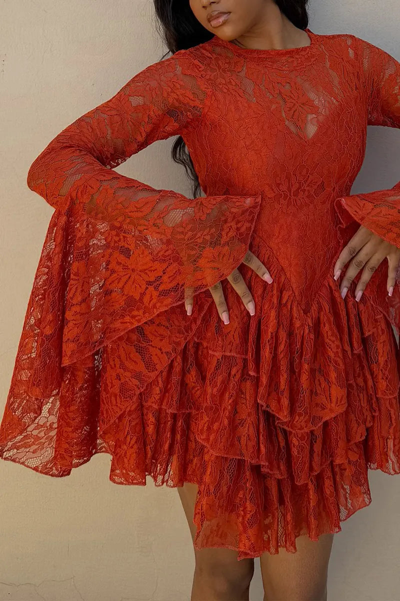 Women's Elegant Flare Sleeve Tiered Hem Lace Mini Dress