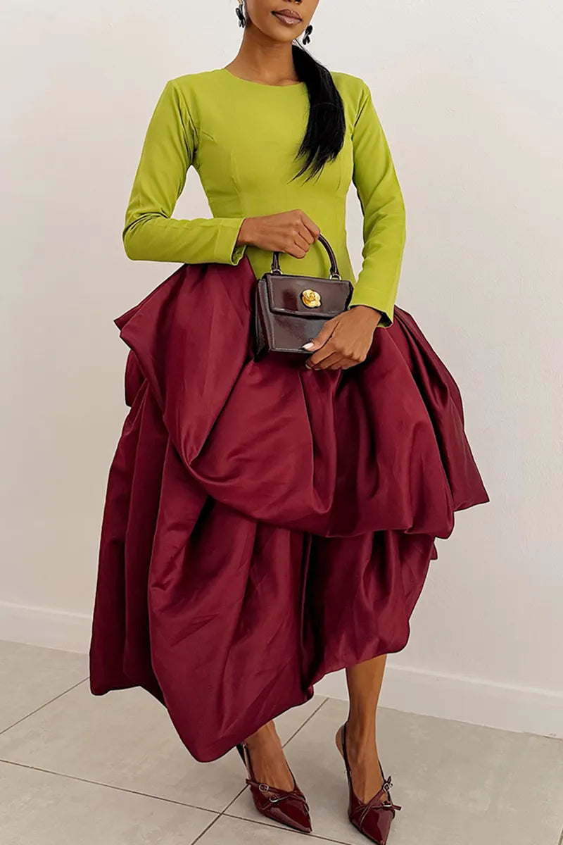 Women's Elegant Tiered Balloon Hem Color Block Maxi Dress