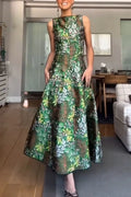 Women's Elegant Satin Botanical Print A Line Hem Dress