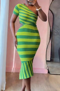 Women Diagonal Collar Contrasting Color Waist Cinching Elegant Temperament Dress