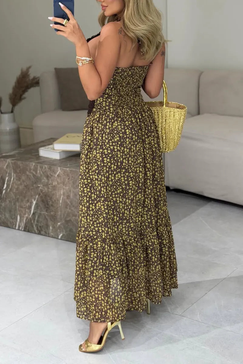 Women V-neck Patchwork Lace Pattern Waist Cinching Elegant Casual Dress