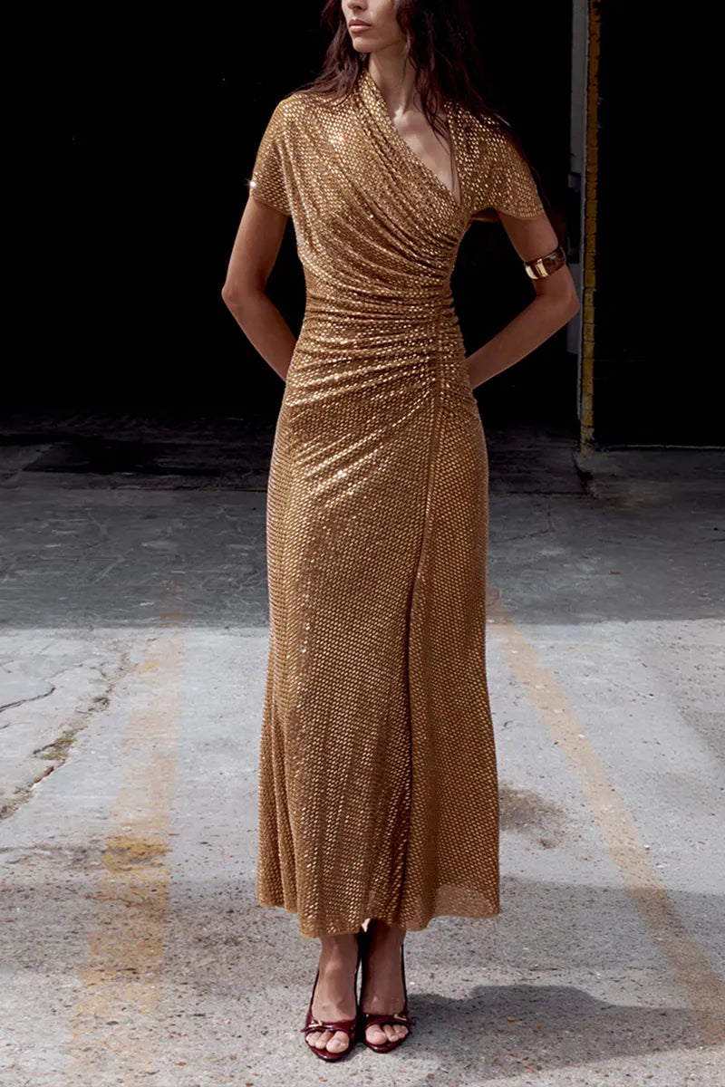 Women's Elegant Party Rhinestone Sequin Asymmetric Neckline Maxi Dress