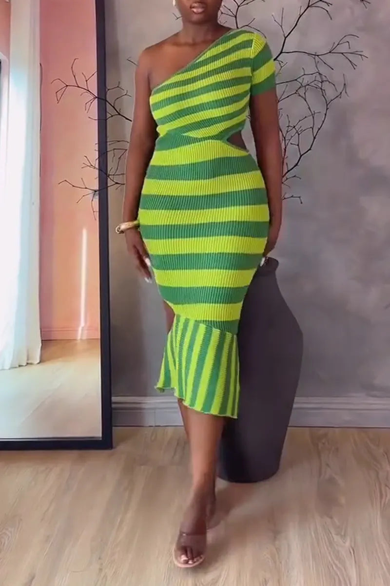 Women Diagonal Collar Contrasting Color Waist Cinching Elegant Temperament Dress