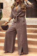 Women's Lapel Slit Button Cotton and Linen Casual Suit