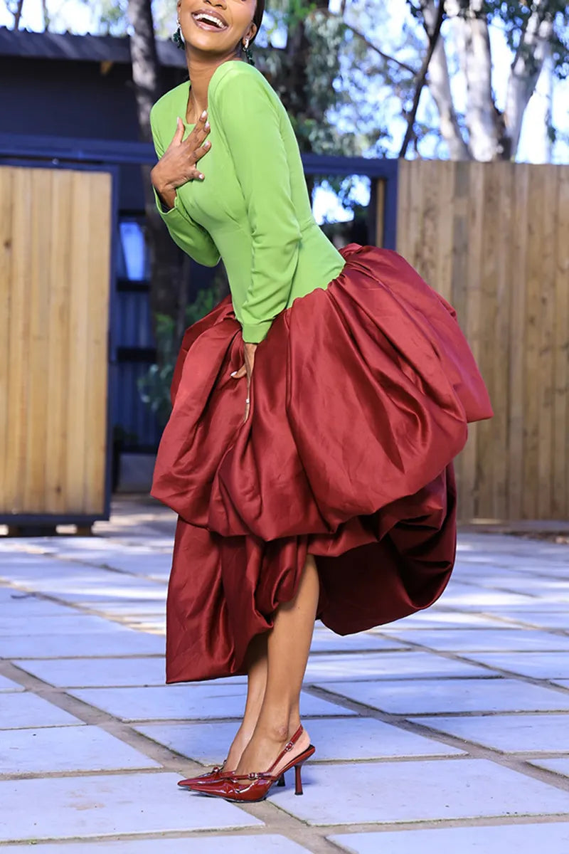 Women's Elegant Tiered Balloon Hem Color Block Maxi Dress