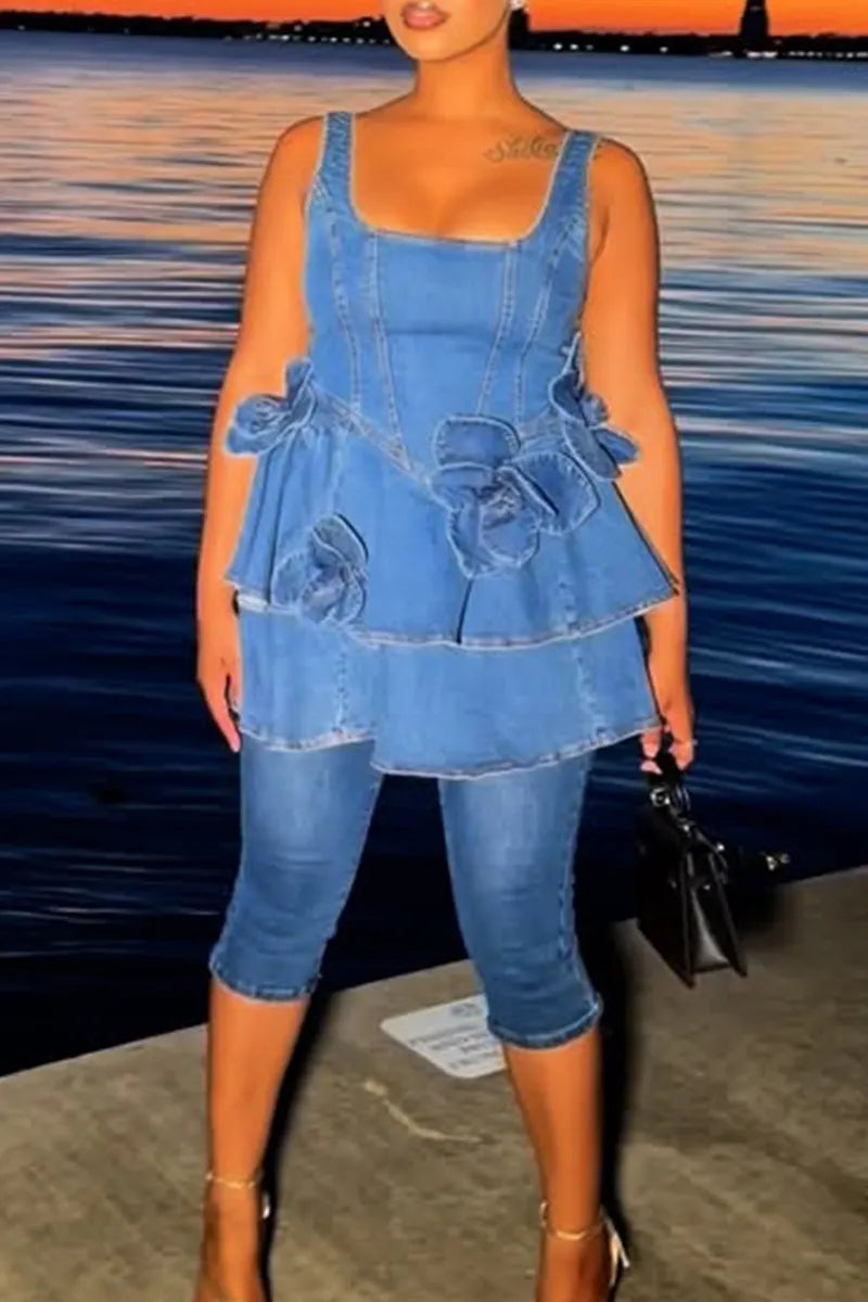 Women's Square Neck Sleeveless Denim Dress with Floral Accents