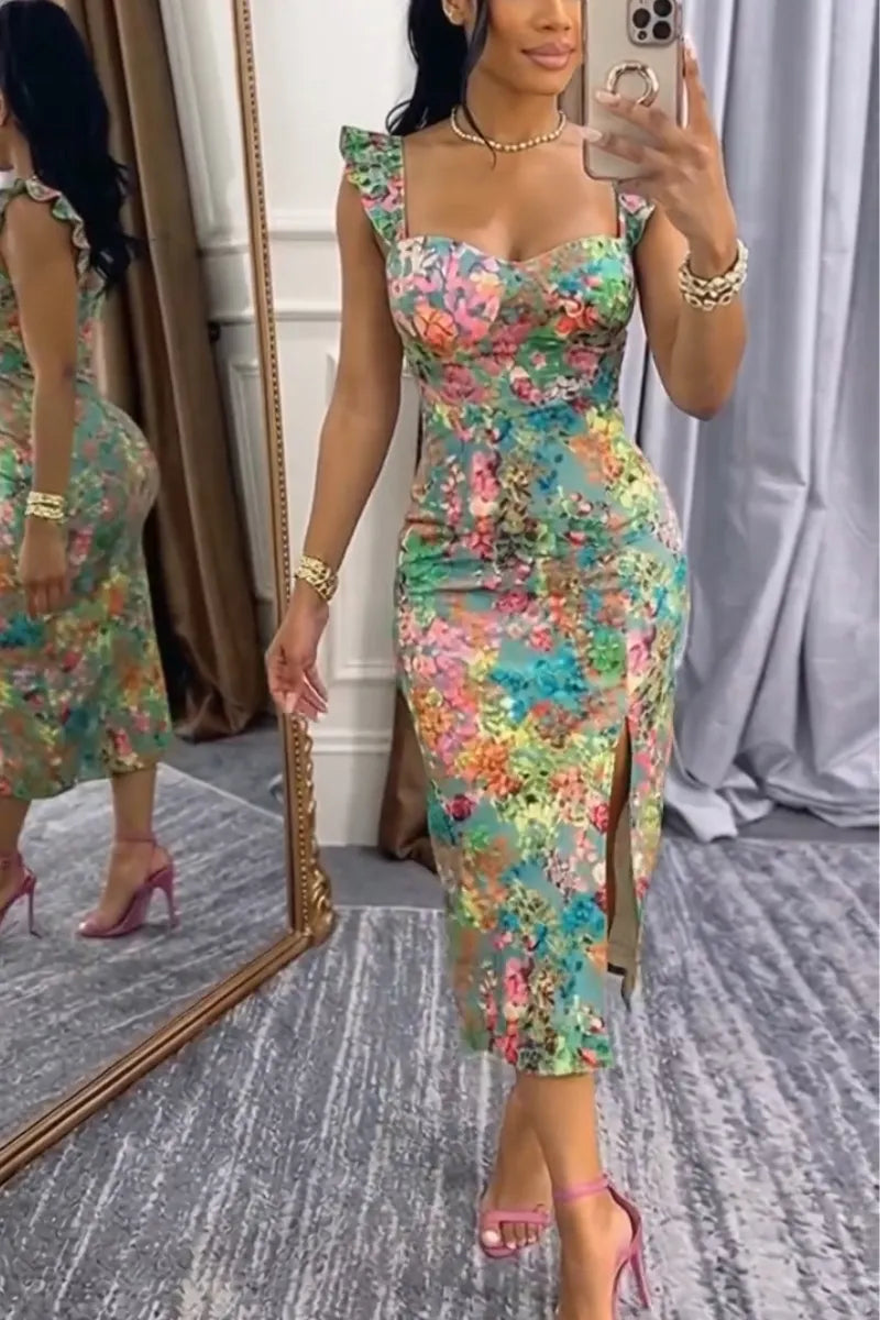 Women Square Neck Printed Slit Elegant Temperament Dress