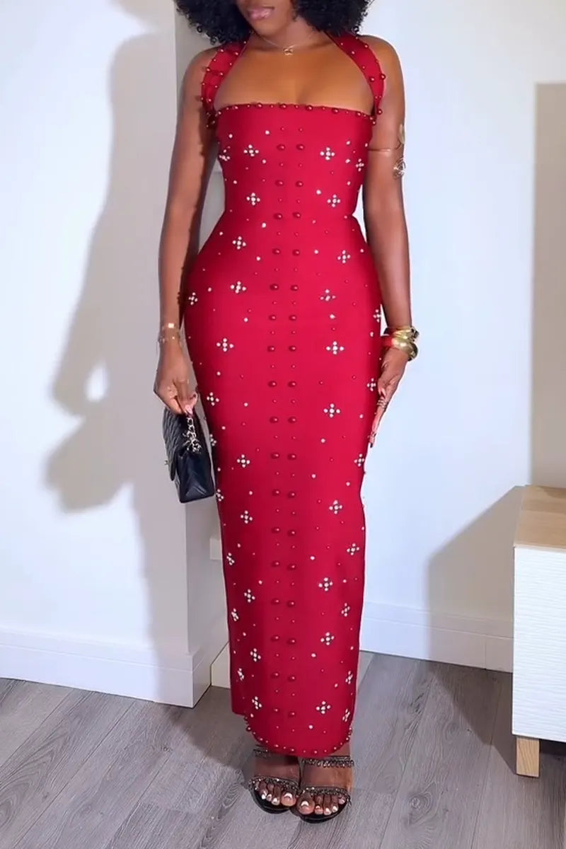 Women's Fashion Party Beaded Rhinestone Trim Maxi Dress