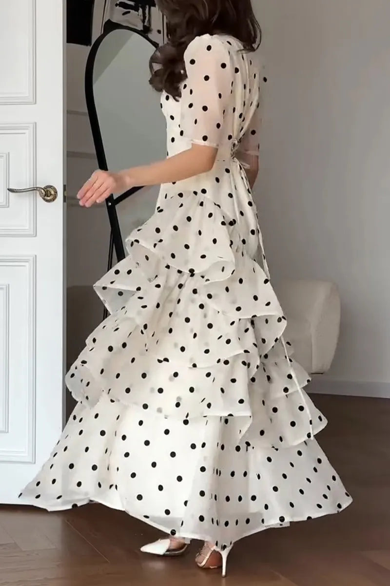 Women's Elegant Tiered Flounce Hem Polka Dot Dress