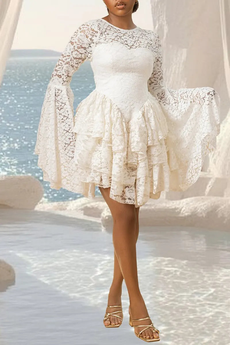 Women's Elegant Flare Sleeve Tiered Hem Lace Mini Dress