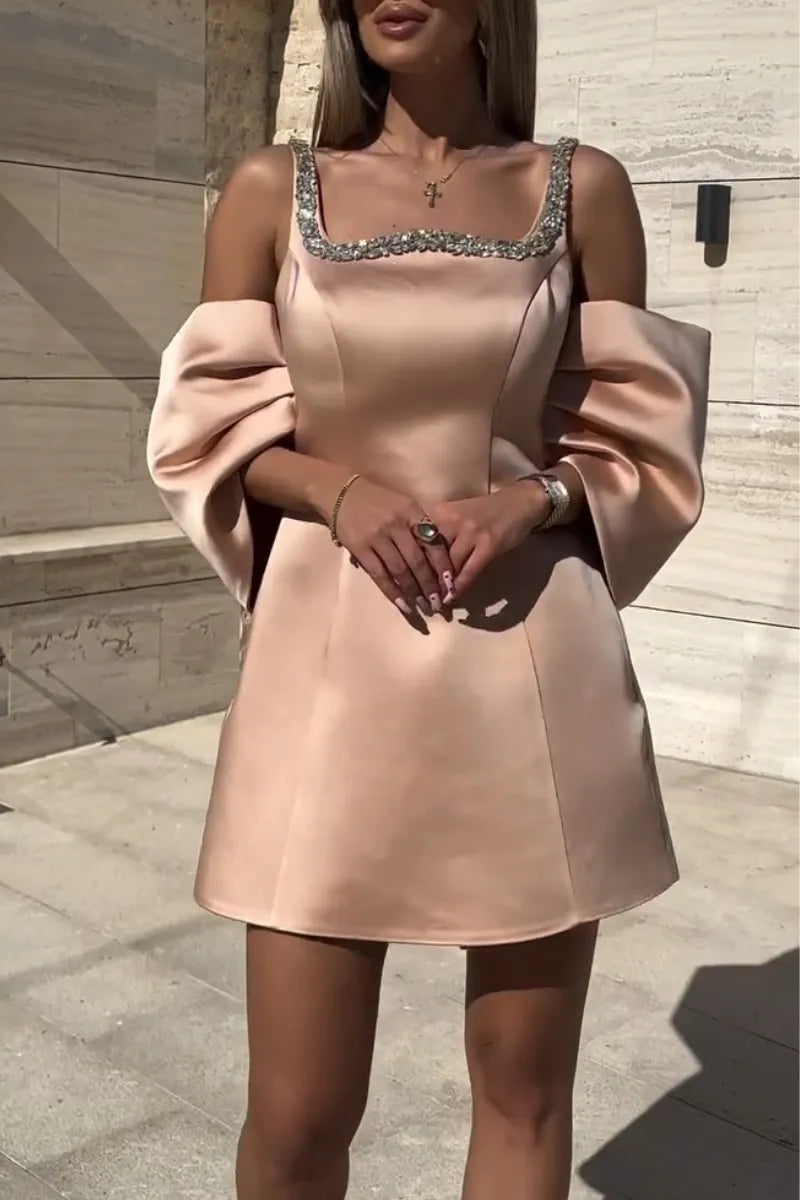 Women Square Collar with Diamond Stickers Elegant Temperament Evening Party Style Dress