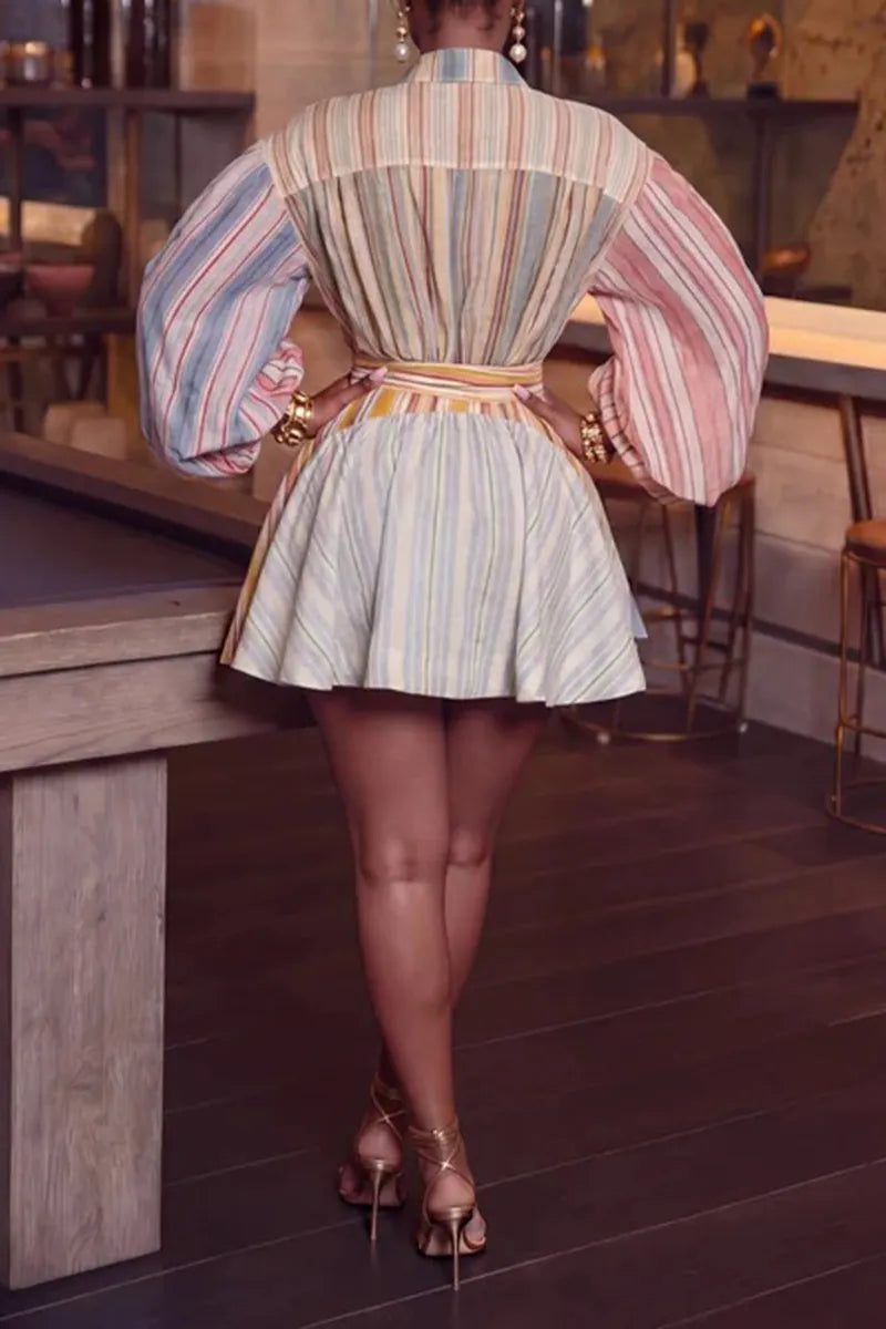 Women's Casual Stripe Panel Puff Sleeve Shirt Dress