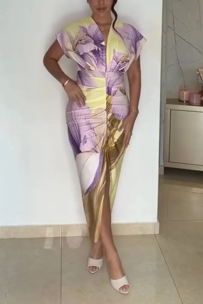 Women V-neck Waist Cinched Slit Print Elegant Temperament Dress